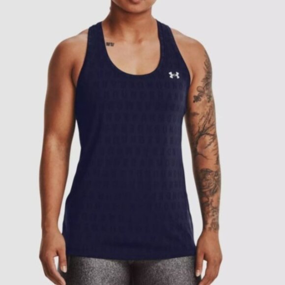 Under Armour Tank Top Womens Size 1X Blue Velocity Wordmark Jacquard Racerback - Picture 1 of 10